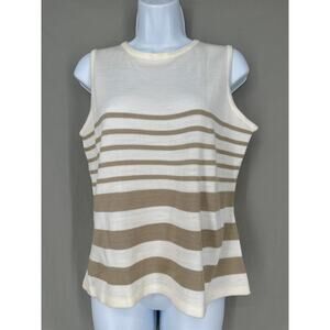 90s Vintage Top Womens Medium Beige Striped Cream Knit Minimalist Neutral Tank